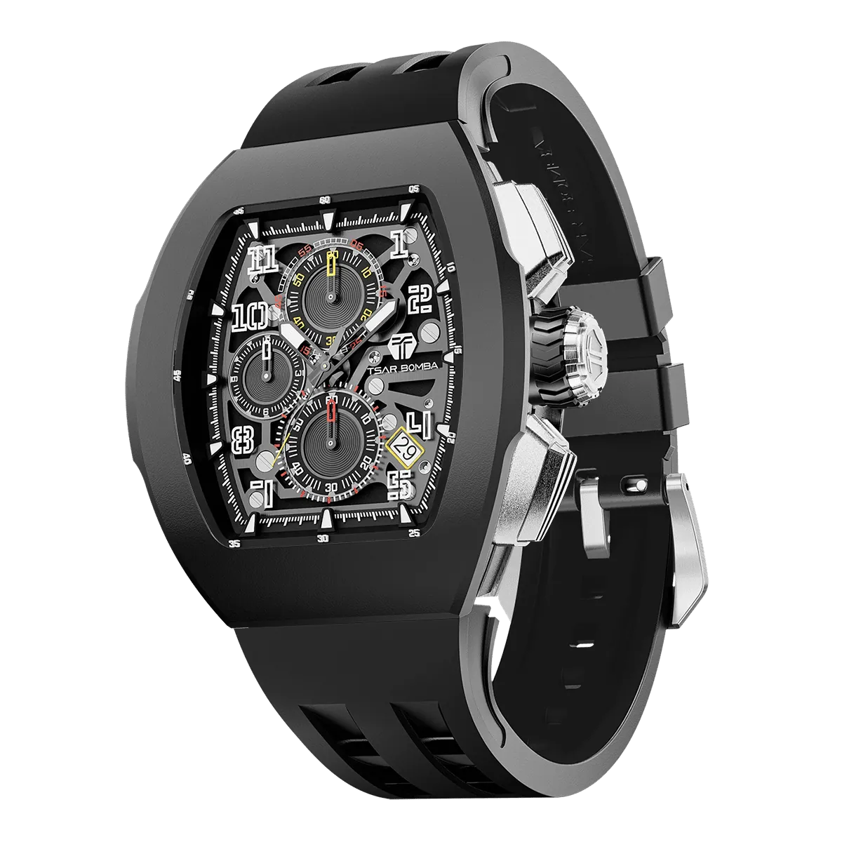 The TSAR BOMBA Atomic TB8214F interchangebale tonneau quartz watch. fluororubber
-black-bezel-and-balck-interchangeable strap.  The Multifunction dial design, the multifunction dial features a chronograph minute sub-dial at the 12 o'clock position, a date display between the 4 and 5 o'clock positions, a seconds sub-dial at the 6 o'clock position, and an hour chronograph sub-dial at the 9 o'clock position. --Left three-quarter-view