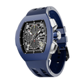 The TSAR BOMBA Atomic TB8214F interchangebale tonneau quartz watch. fluororubber
-blue-bezel-and-blue-interchangeable strap.  The Multifunction dial design, the multifunction dial features a chronograph minute sub-dial at the 12 o'clock position, a date display between the 4 and 5 o'clock positions, a seconds sub-dial at the 6 o'clock position, and an hour chronograph sub-dial at the 9 o'clock position. --Left three-quarter-view