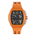 The TSAR BOMBA Atomic TB8214F interchangebale tonneau quartz watch. fluororubber
-orange-bezel-and-orange-interchangeable strap.  The Multifunction dial design, the multifunction dial features a chronograph minute sub-dial at the 12 o'clock position, a date display between the 4 and 5 o'clock positions, a seconds sub-dial at the 6 o'clock position, and an hour chronograph sub-dial at the 9 o'clock position. --Front-view