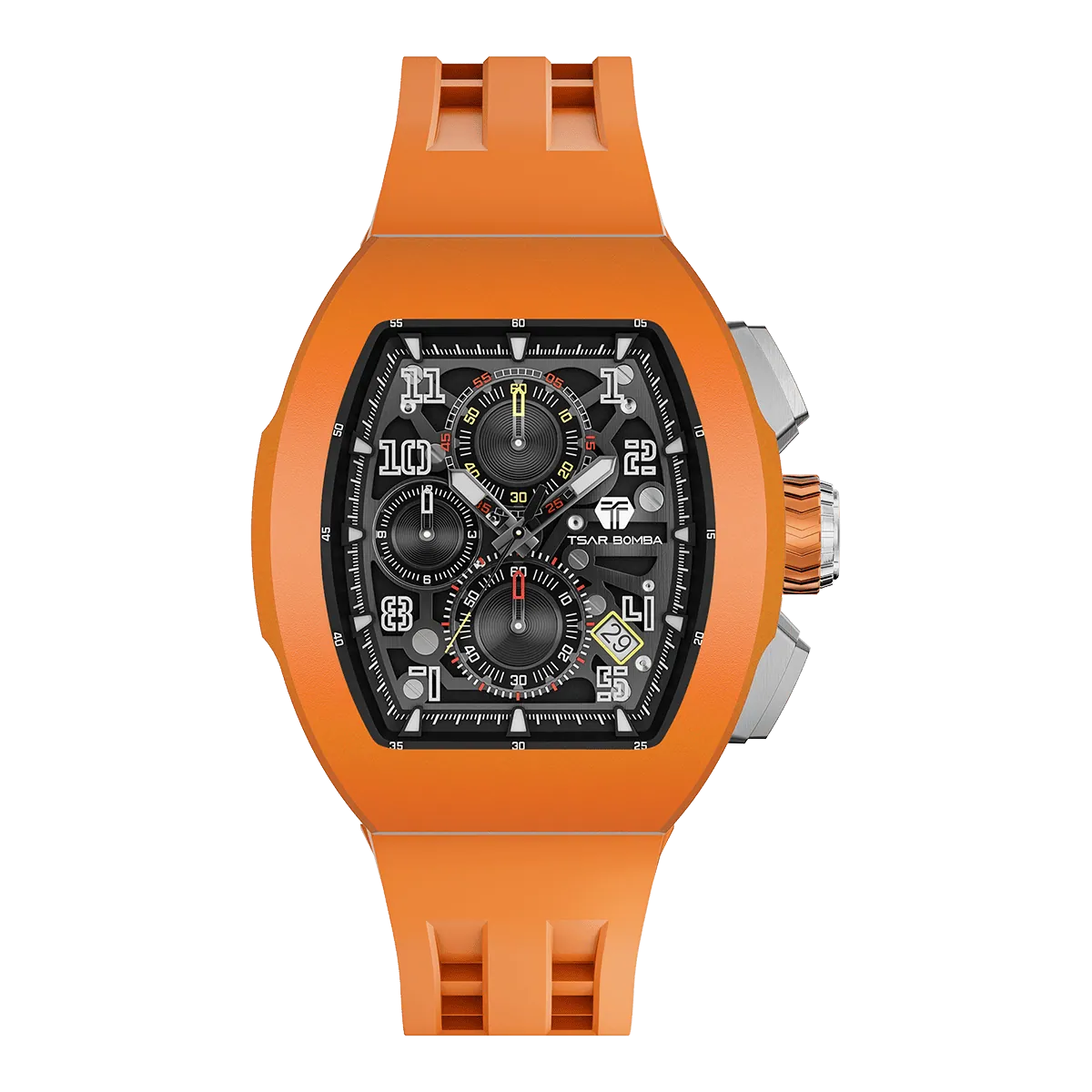 The TSAR BOMBA Atomic TB8214F interchangebale tonneau quartz watch. fluororubber
-orange-bezel-and-orange-interchangeable strap.  The Multifunction dial design, the multifunction dial features a chronograph minute sub-dial at the 12 o'clock position, a date display between the 4 and 5 o'clock positions, a seconds sub-dial at the 6 o'clock position, and an hour chronograph sub-dial at the 9 o'clock position. --Front-view