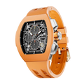 The TSAR BOMBA Atomic TB8214F interchangebale tonneau quartz watch. fluororubber
-orange-bezel-and-orange-interchangeable strap.  The Multifunction dial design, the multifunction dial features a chronograph minute sub-dial at the 12 o'clock position, a date display between the 4 and 5 o'clock positions, a seconds sub-dial at the 6 o'clock position, and an hour chronograph sub-dial at the 9 o'clock position. --Left three-quarter-view