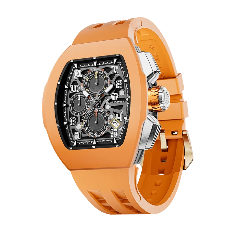 The TSAR BOMBA Atomic TB8214F interchangebale tonneau quartz watch. fluororubber
-orange-bezel-and-orange-interchangeable strap.  The Multifunction dial design, the multifunction dial features a chronograph minute sub-dial at the 12 o'clock position, a date display between the 4 and 5 o'clock positions, a seconds sub-dial at the 6 o'clock position, and an hour chronograph sub-dial at the 9 o'clock position. --Left three-quarter-view
