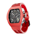 The TSAR BOMBA Atomic TB8214F interchangebale tonneau quartz watch. fluororubber
-red-bezel-and-red-interchangeable strap.  The Multifunction dial design, the multifunction dial features a chronograph minute sub-dial at the 12 o'clock position, a date display between the 4 and 5 o'clock positions, a seconds sub-dial at the 6 o'clock position, and an hour chronograph sub-dial at the 9 o'clock position. --Left three-quarter-viewv