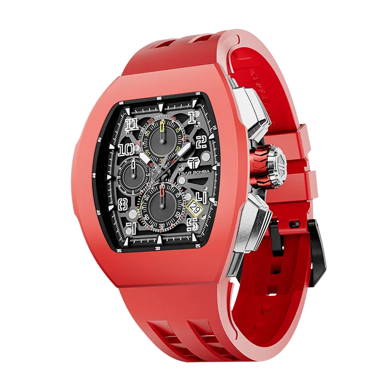 The TSAR BOMBA Atomic TB8214F interchangebale tonneau quartz watch. fluororubber
-red-bezel-and-red-interchangeable strap.  The Multifunction dial design, the multifunction dial features a chronograph minute sub-dial at the 12 o'clock position, a date display between the 4 and 5 o'clock positions, a seconds sub-dial at the 6 o'clock position, and an hour chronograph sub-dial at the 9 o'clock position. --Left three-quarter-viewv