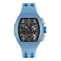 The TSAR BOMBA Atomic TB8214F interchangebale tonneau quartz watch. fluororubber
-blue-bezel-and-blue-interchangeable strap.  The Multifunction dial design, the multifunction dial features a chronograph minute sub-dial at the 12 o'clock position, a date display between the 4 and 5 o'clock positions, a seconds sub-dial at the 6 o'clock position, and an hour chronograph sub-dial at the 9 o'clock position. --Front-view