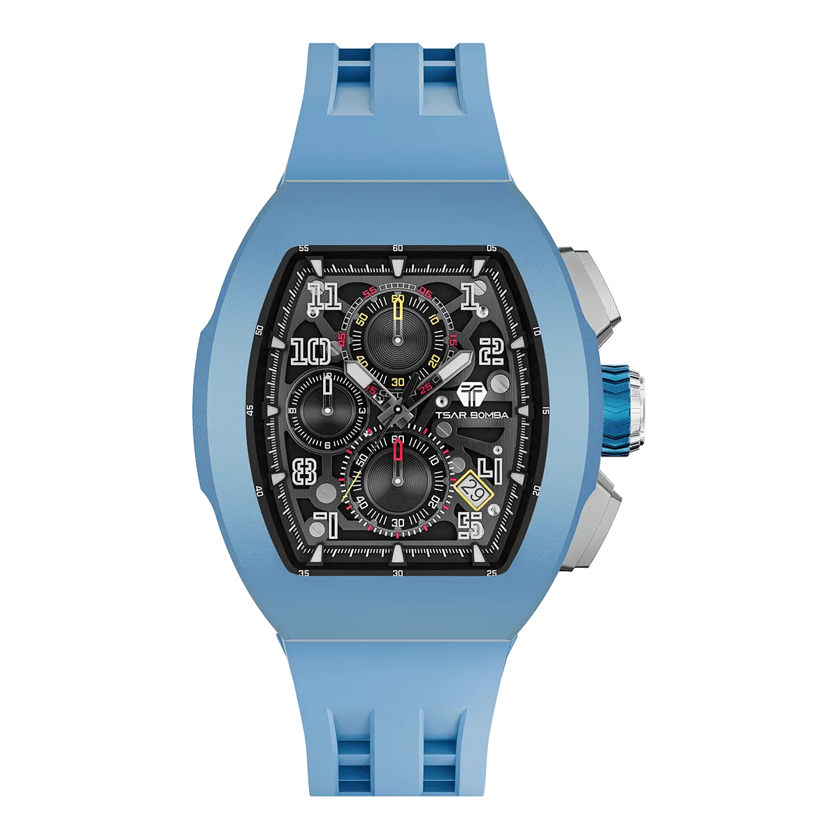 The TSAR BOMBA Atomic TB8214F interchangebale tonneau quartz watch. fluororubber
-blue-bezel-and-blue-interchangeable strap.  The Multifunction dial design, the multifunction dial features a chronograph minute sub-dial at the 12 o'clock position, a date display between the 4 and 5 o'clock positions, a seconds sub-dial at the 6 o'clock position, and an hour chronograph sub-dial at the 9 o'clock position. --Front-view