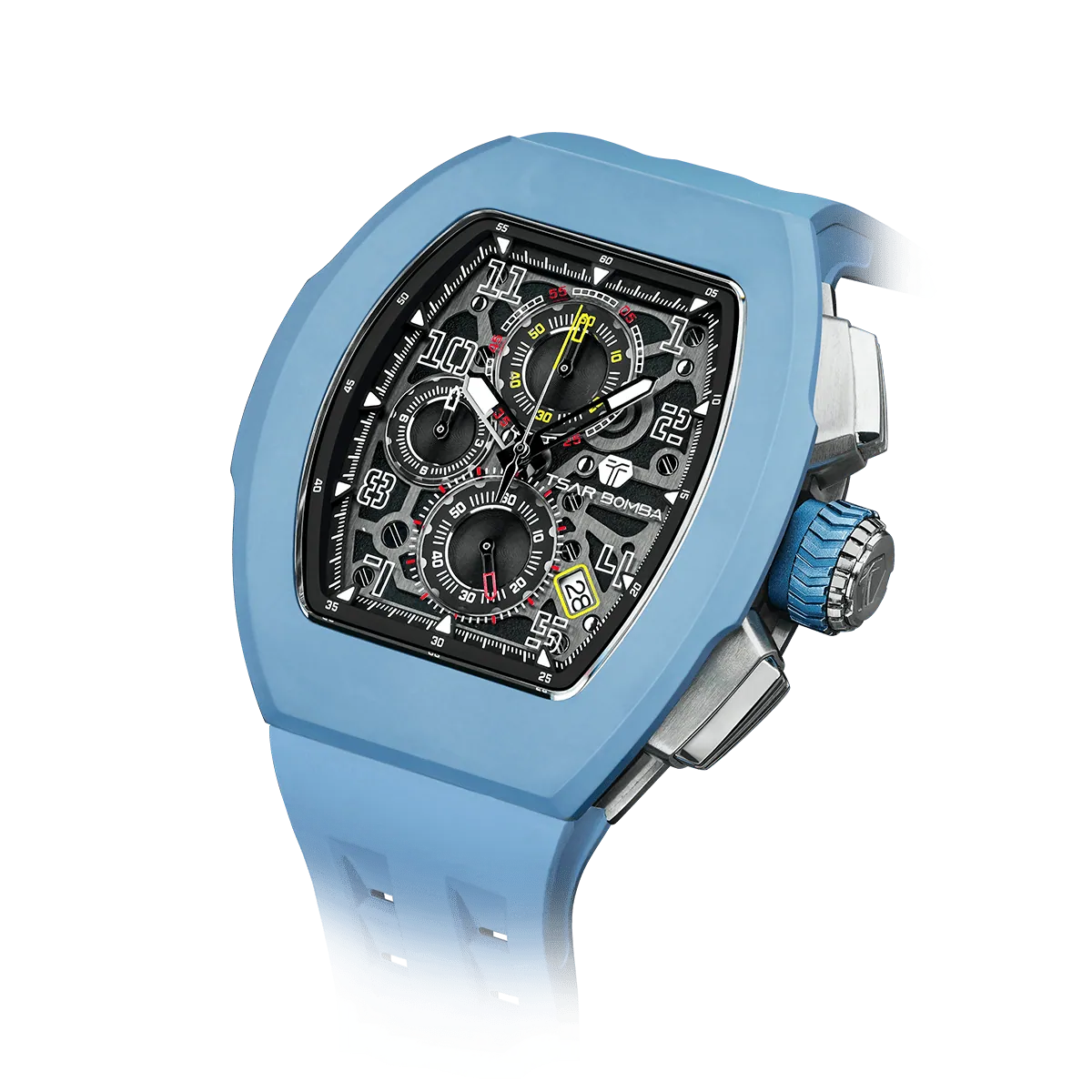 The TSAR BOMBA Atomic TB8214F interchangebale tonneau quartz watch. fluororubber
-blue-bezel-and-blue-interchangeable strap.  The Multifunction dial design, the multifunction dial features a chronograph minute sub-dial at the 12 o'clock position, a date display between the 4 and 5 o'clock positions, a seconds sub-dial at the 6 o'clock position, and an hour chronograph sub-dial at the 9 o'clock position. --Left three-quarter-angled-view