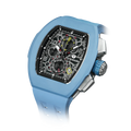 The TSAR BOMBA Atomic TB8214F interchangebale tonneau quartz watch. fluororubber
-blue-bezel-and-blue-interchangeable strap.  The Multifunction dial design, the multifunction dial features a chronograph minute sub-dial at the 12 o'clock position, a date display between the 4 and 5 o'clock positions, a seconds sub-dial at the 6 o'clock position, and an hour chronograph sub-dial at the 9 o'clock position. --Left three-quarter-angled-view