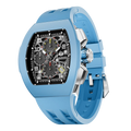 The TSAR BOMBA Atomic TB8214F interchangebale tonneau quartz watch. fluororubber
-blue-bezel-and-blue-interchangeable strap.  The Multifunction dial design, the multifunction dial features a chronograph minute sub-dial at the 12 o'clock position, a date display between the 4 and 5 o'clock positions, a seconds sub-dial at the 6 o'clock position, and an hour chronograph sub-dial at the 9 o'clock position. --Left three-quarter-view