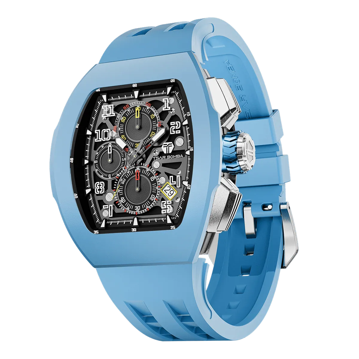 The TSAR BOMBA Atomic TB8214F interchangebale tonneau quartz watch. fluororubber
-blue-bezel-and-blue-interchangeable strap.  The Multifunction dial design, the multifunction dial features a chronograph minute sub-dial at the 12 o'clock position, a date display between the 4 and 5 o'clock positions, a seconds sub-dial at the 6 o'clock position, and an hour chronograph sub-dial at the 9 o'clock position. --Left three-quarter-view