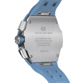 The TSAR BOMBA Atomic TB8214F interchangebale tonneau quartz watch. fluororubber
-blue-bezel-and-blue-interchangeable strap.  The Multifunction dial design, the multifunction dial features a chronograph minute sub-dial at the 12 o'clock position, a date display between the 4 and 5 o'clock positions, a seconds sub-dial at the 6 o'clock position, and an hour chronograph sub-dial at the 9 o'clock position. --Rear-view