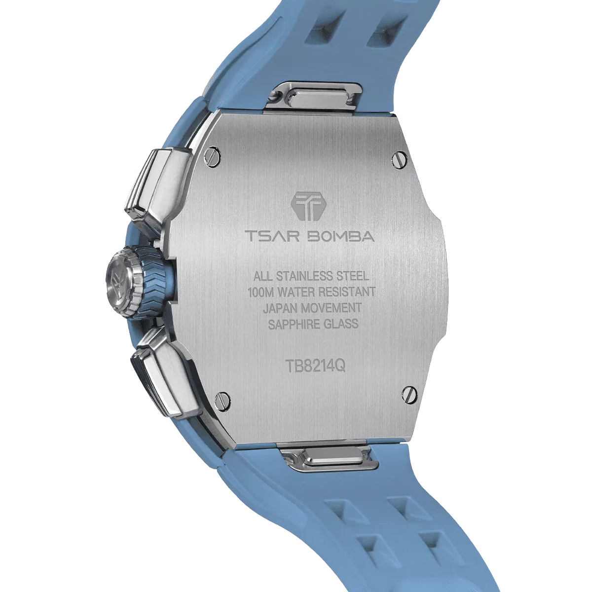 The TSAR BOMBA Atomic TB8214F interchangebale tonneau quartz watch. fluororubber
-blue-bezel-and-blue-interchangeable strap.  The Multifunction dial design, the multifunction dial features a chronograph minute sub-dial at the 12 o'clock position, a date display between the 4 and 5 o'clock positions, a seconds sub-dial at the 6 o'clock position, and an hour chronograph sub-dial at the 9 o'clock position. --Rear-view
