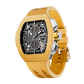 The TSAR BOMBA Atomic TB8214F interchangebale tonneau quartz watch. fluororubber
-yellow-bezel-and-yellow-interchangeable strap.  The Multifunction dial design, the multifunction dial features a chronograph minute sub-dial at the 12 o'clock position, a date display between the 4 and 5 o'clock positions, a seconds sub-dial at the 6 o'clock position, and an hour chronograph sub-dial at the 9 o'clock position. --Left three-quarter-view