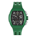 The TSAR BOMBA Atomic TB8214F interchangebale tonneau quartz watch. fluororubber
-green-bezel-and-green-interchangeable strap.  The Multifunction dial design, the multifunction dial features a chronograph minute sub-dial at the 12 o'clock position, a date display between the 4 and 5 o'clock positions, a seconds sub-dial at the 6 o'clock position, and an hour chronograph sub-dial at the 9 o'clock position. --Front-view