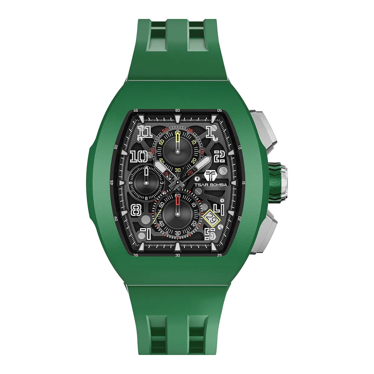 The TSAR BOMBA Atomic TB8214F interchangebale tonneau quartz watch. fluororubber
-green-bezel-and-green-interchangeable strap.  The Multifunction dial design, the multifunction dial features a chronograph minute sub-dial at the 12 o'clock position, a date display between the 4 and 5 o'clock positions, a seconds sub-dial at the 6 o'clock position, and an hour chronograph sub-dial at the 9 o'clock position. --Front-view