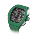 The TSAR BOMBA Atomic TB8214F interchangebale tonneau quartz watch. fluororubber
-green-bezel-and-green-interchangeable strap.  The Multifunction dial design, the multifunction dial features a chronograph minute sub-dial at the 12 o'clock position, a date display between the 4 and 5 o'clock positions, a seconds sub-dial at the 6 o'clock position, and an hour chronograph sub-dial at the 9 o'clock position. --Left three-quarter-angled-view