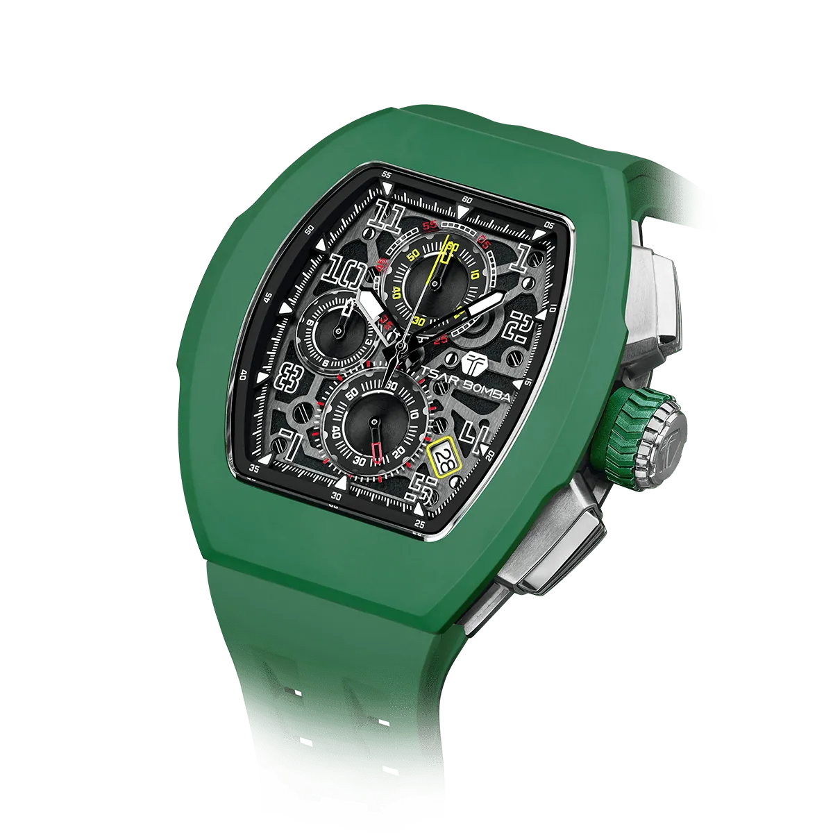 The TSAR BOMBA Atomic TB8214F interchangebale tonneau quartz watch. fluororubber
-green-bezel-and-green-interchangeable strap.  The Multifunction dial design, the multifunction dial features a chronograph minute sub-dial at the 12 o'clock position, a date display between the 4 and 5 o'clock positions, a seconds sub-dial at the 6 o'clock position, and an hour chronograph sub-dial at the 9 o'clock position. --Left three-quarter-angled-view