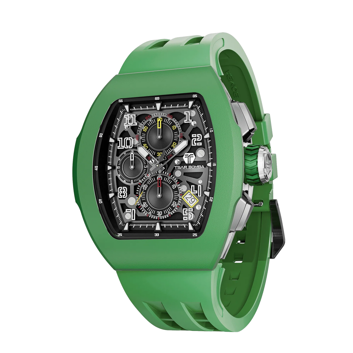 The TSAR BOMBA Atomic TB8214F interchangebale tonneau quartz watch. fluororubber
-green-bezel-and-green-interchangeable strap.  The Multifunction dial design, the multifunction dial features a chronograph minute sub-dial at the 12 o'clock position, a date display between the 4 and 5 o'clock positions, a seconds sub-dial at the 6 o'clock position, and an hour chronograph sub-dial at the 9 o'clock position. --Left three-quarter-view