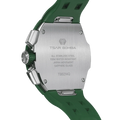 The TSAR BOMBA Atomic TB8214F interchangebale tonneau quartz watch. fluororubber
-green-bezel-and-green-interchangeable strap.  The Multifunction dial design, the multifunction dial features a chronograph minute sub-dial at the 12 o'clock position, a date display between the 4 and 5 o'clock positions, a seconds sub-dial at the 6 o'clock position, and an hour chronograph sub-dial at the 9 o'clock position. --Rear-view