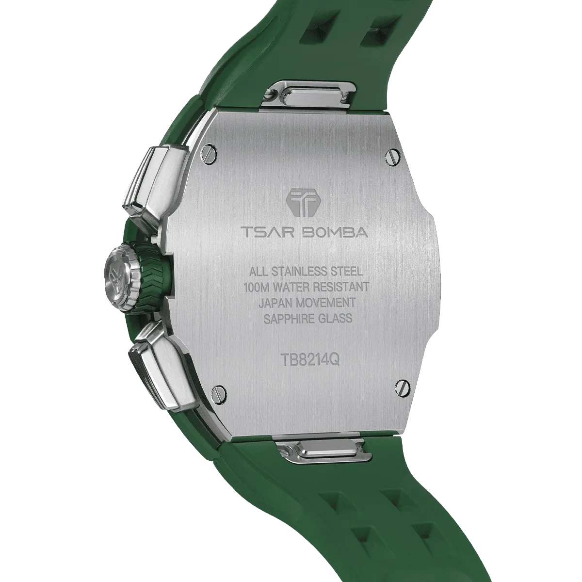 The TSAR BOMBA Atomic TB8214F interchangebale tonneau quartz watch. fluororubber
-green-bezel-and-green-interchangeable strap.  The Multifunction dial design, the multifunction dial features a chronograph minute sub-dial at the 12 o'clock position, a date display between the 4 and 5 o'clock positions, a seconds sub-dial at the 6 o'clock position, and an hour chronograph sub-dial at the 9 o'clock position. --Rear-view