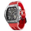 The TSAR BOMBA Atomic TB8214Q interchangebale tonneau quartz watch. stainless-steel-silver-bezel-and-red-interchangeable strap.  The Multifunction dial design, the multifunction dial features a chronograph minute sub-dial at the 12 o'clock position, a date display between the 4 and 5 o'clock positions, a seconds sub-dial at the 6 o'clock position, and an hour chronograph sub-dial at the 9 o'clock position. --Left three-quarter-view