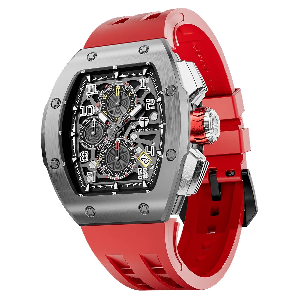 The TSAR BOMBA Atomic TB8214Q interchangebale tonneau quartz watch. stainless-steel-silver-bezel-and-red-interchangeable strap.  The Multifunction dial design, the multifunction dial features a chronograph minute sub-dial at the 12 o'clock position, a date display between the 4 and 5 o'clock positions, a seconds sub-dial at the 6 o'clock position, and an hour chronograph sub-dial at the 9 o'clock position. --Left three-quarter-view