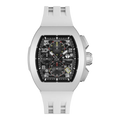 The TSAR BOMBA Atomic TB8214F interchangebale tonneau quartz watch. fluororubber
-white-bezel-and-white-interchangeable strap.  The Multifunction dial design, the multifunction dial features a chronograph minute sub-dial at the 12 o'clock position, a date display between the 4 and 5 o'clock positions, a seconds sub-dial at the 6 o'clock position, and an hour chronograph sub-dial at the 9 o'clock position. --Front-view