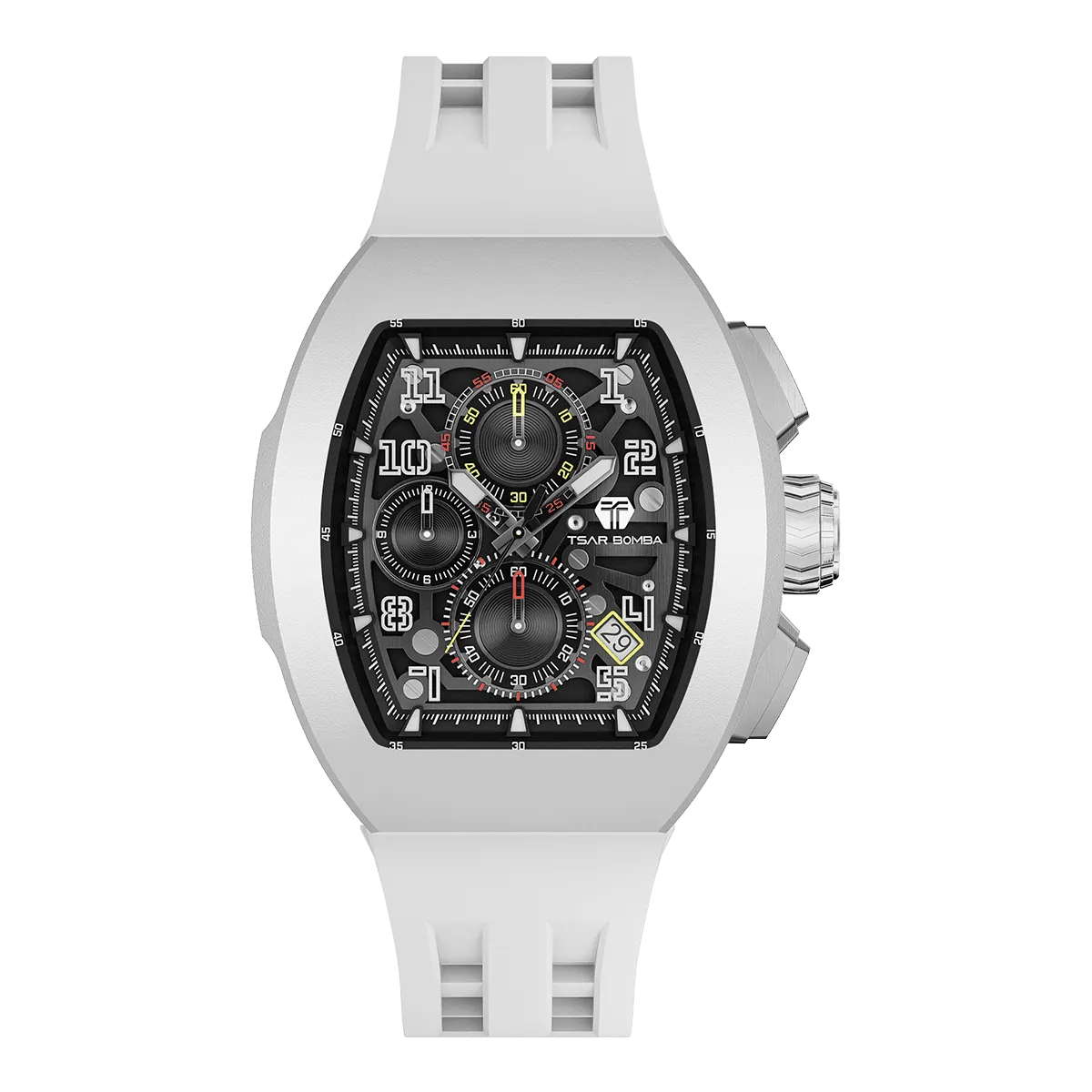 The TSAR BOMBA Atomic TB8214F interchangebale tonneau quartz watch. fluororubber
-white-bezel-and-white-interchangeable strap.  The Multifunction dial design, the multifunction dial features a chronograph minute sub-dial at the 12 o'clock position, a date display between the 4 and 5 o'clock positions, a seconds sub-dial at the 6 o'clock position, and an hour chronograph sub-dial at the 9 o'clock position. --Front-view