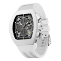 The TSAR BOMBA Atomic TB8214F interchangebale tonneau quartz watch. fluororubber
-white-bezel-and-white-interchangeable strap.  The Multifunction dial design, the multifunction dial features a chronograph minute sub-dial at the 12 o'clock position, a date display between the 4 and 5 o'clock positions, a seconds sub-dial at the 6 o'clock position, and an hour chronograph sub-dial at the 9 o'clock position. --Left three-quarter-view