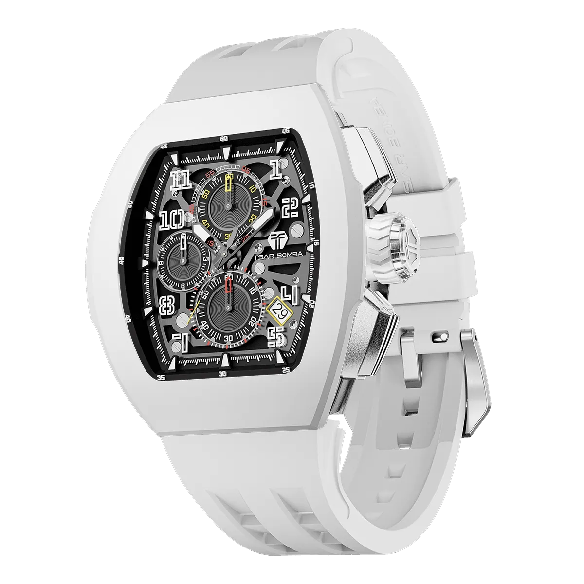 The TSAR BOMBA Atomic TB8214F interchangebale tonneau quartz watch. fluororubber
-white-bezel-and-white-interchangeable strap.  The Multifunction dial design, the multifunction dial features a chronograph minute sub-dial at the 12 o'clock position, a date display between the 4 and 5 o'clock positions, a seconds sub-dial at the 6 o'clock position, and an hour chronograph sub-dial at the 9 o'clock position. --Left three-quarter-view