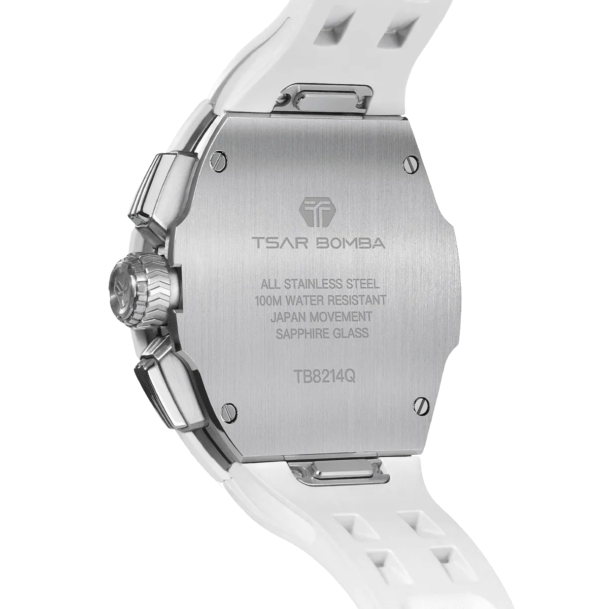 The TSAR BOMBA Atomic TB8214 interchangebale tonneau quartz watch. fluororubber
-white-bezel-and-white-interchangeable strap.  The Multifunction dial design, the multifunction dial features a chronograph minute sub-dial at the 12 o'clock position, a date display between the 4 and 5 o'clock positions, a seconds sub-dial at the 6 o'clock position, and an hour chronograph sub-dial at the 9 o'clock position. --Rear-view