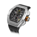 The TSAR BOMBA Atomic TB8214 interchangebale tonneau quartz watch. stainless-steel-silver-bezel-and-black-interchangeable strap.  The Multifunction dial design, the multifunction dial features a chronograph minute sub-dial at the 12 o'clock position, a date display between the 4 and 5 o'clock positions, a seconds sub-dial at the 6 o'clock position, and an hour chronograph sub-dial at the 9 o'clock position. --Left three-quarter-angled-view