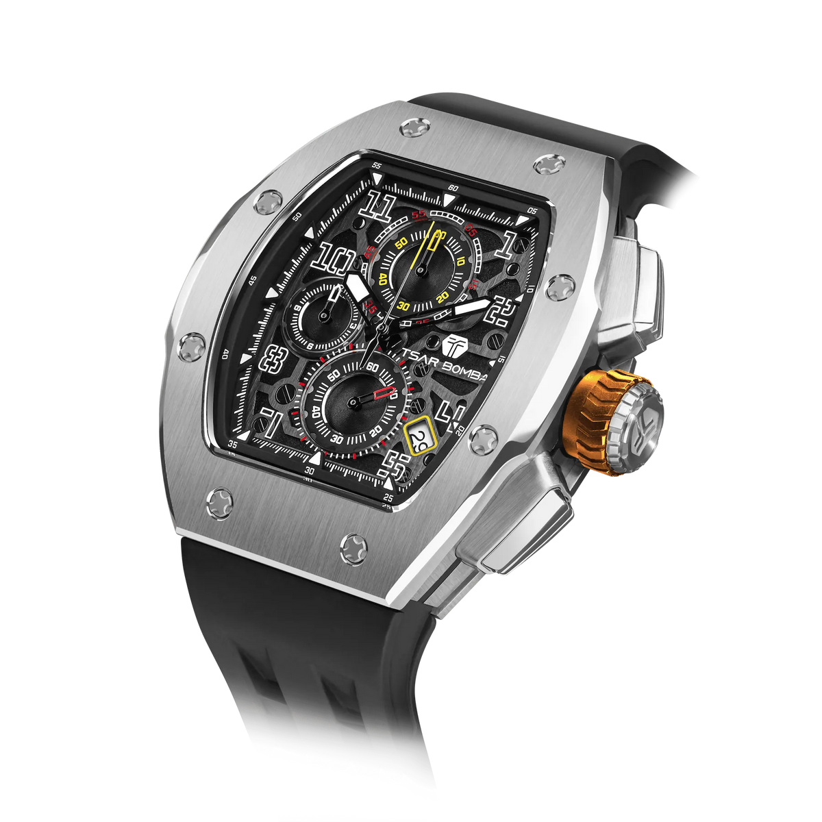 The TSAR BOMBA Atomic TB8214 interchangebale tonneau quartz watch. stainless-steel-silver-bezel-and-black-interchangeable strap.  The Multifunction dial design, the multifunction dial features a chronograph minute sub-dial at the 12 o'clock position, a date display between the 4 and 5 o'clock positions, a seconds sub-dial at the 6 o'clock position, and an hour chronograph sub-dial at the 9 o'clock position. --Left three-quarter-angled-view