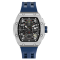 The TSAR BOMBA Atomic TB8214Q interchangebale tonneau quartz watch. stainless-steel-silver-bezel-and-blue-interchangeable strap.  The Multifunction dial design, the multifunction dial features a chronograph minute sub-dial at the 12 o'clock position, a date display between the 4 and 5 o'clock positions, a seconds sub-dial at the 6 o'clock position, and an hour chronograph sub-dial at the 9 o'clock position. --Front-view