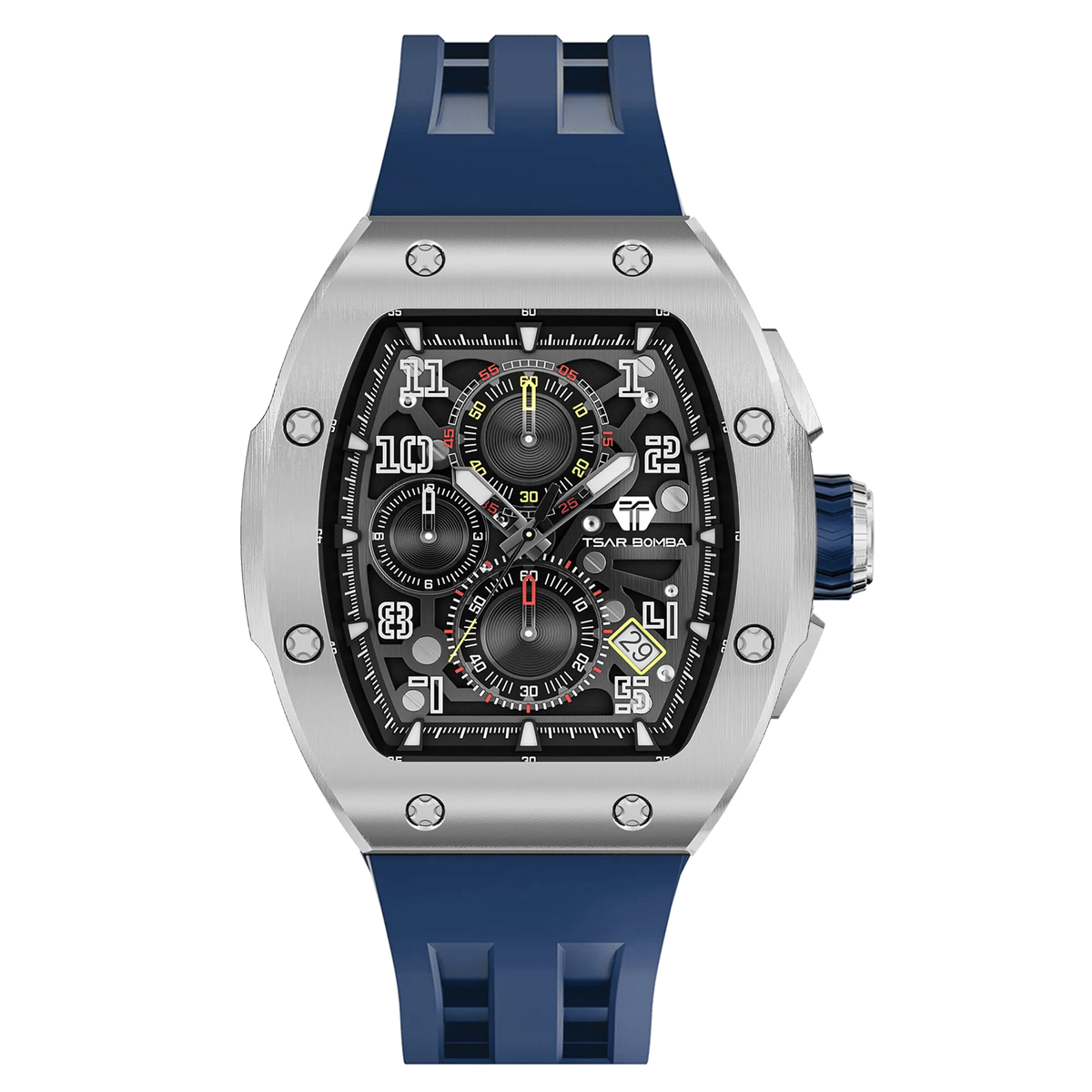 The TSAR BOMBA Atomic TB8214Q interchangebale tonneau quartz watch. stainless-steel-silver-bezel-and-blue-interchangeable strap.  The Multifunction dial design, the multifunction dial features a chronograph minute sub-dial at the 12 o'clock position, a date display between the 4 and 5 o'clock positions, a seconds sub-dial at the 6 o'clock position, and an hour chronograph sub-dial at the 9 o'clock position. --Front-view
