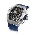 The TSAR BOMBA Atomic TB8214Q interchangebale tonneau quartz watch. stainless-steel-silver-bezel-and-blue-interchangeable strap.  The Multifunction dial design, the multifunction dial features a chronograph minute sub-dial at the 12 o'clock position, a date display between the 4 and 5 o'clock positions, a seconds sub-dial at the 6 o'clock position, and an hour chronograph sub-dial at the 9 o'clock position. --Left three-quarter-angled-view