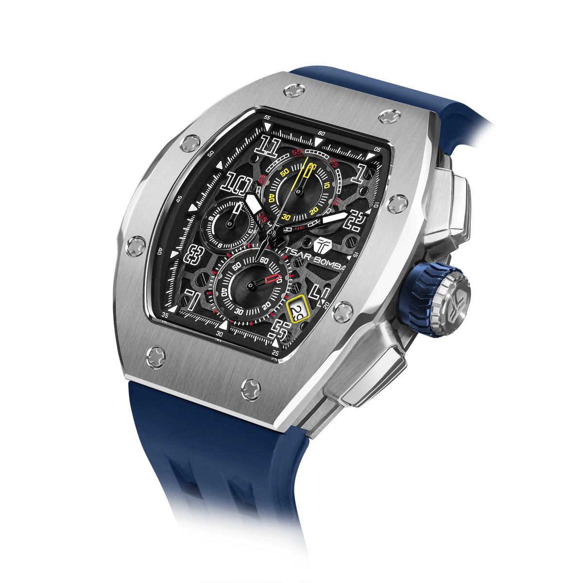The TSAR BOMBA Atomic TB8214Q interchangebale tonneau quartz watch. stainless-steel-silver-bezel-and-blue-interchangeable strap.  The Multifunction dial design, the multifunction dial features a chronograph minute sub-dial at the 12 o'clock position, a date display between the 4 and 5 o'clock positions, a seconds sub-dial at the 6 o'clock position, and an hour chronograph sub-dial at the 9 o'clock position. --Left three-quarter-angled-view