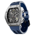 The TSAR BOMBA Atomic TB8214 interchangebale tonneau quartz watch. stainless-steel-silver-bezel-and-blue-interchangeable strap.  The Multifunction dial design, the multifunction dial features a chronograph minute sub-dial at the 12 o'clock position, a date display between the 4 and 5 o'clock positions, a seconds sub-dial at the 6 o'clock position, and an hour chronograph sub-dial at the 9 o'clock position. --Left three-quarter-view