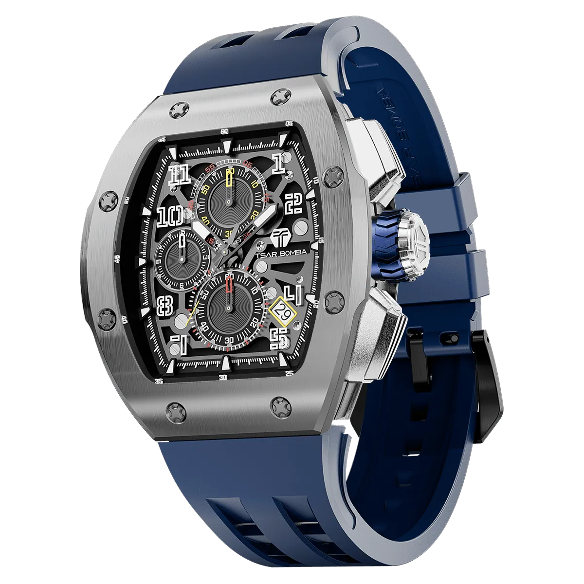 The TSAR BOMBA Atomic TB8214 interchangebale tonneau quartz watch. stainless-steel-silver-bezel-and-blue-interchangeable strap.  The Multifunction dial design, the multifunction dial features a chronograph minute sub-dial at the 12 o'clock position, a date display between the 4 and 5 o'clock positions, a seconds sub-dial at the 6 o'clock position, and an hour chronograph sub-dial at the 9 o'clock position. --Left three-quarter-view