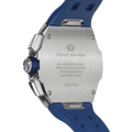The TSAR BOMBA Atomic TB8214Q interchangebale tonneau quartz watch. stainless-steel-silver-bezel-and-blue-interchangeable strap.  The Multifunction dial design, the multifunction dial features a chronograph minute sub-dial at the 12 o'clock position, a date display between the 4 and 5 o'clock positions, a seconds sub-dial at the 6 o'clock position, and an hour chronograph sub-dial at the 9 o'clock position. --Rear-view