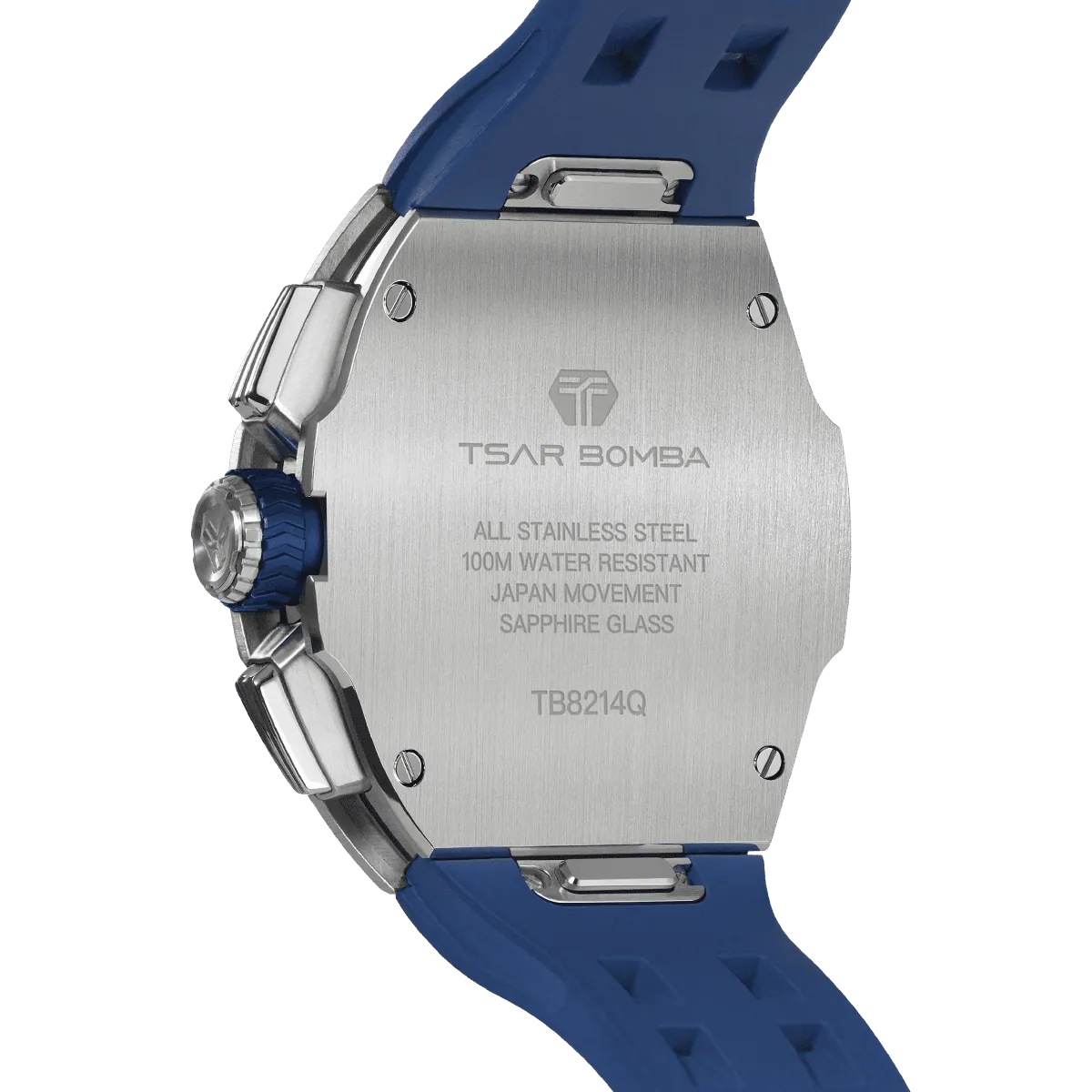 The TSAR BOMBA Atomic TB8214Q interchangebale tonneau quartz watch. stainless-steel-silver-bezel-and-blue-interchangeable strap.  The Multifunction dial design, the multifunction dial features a chronograph minute sub-dial at the 12 o'clock position, a date display between the 4 and 5 o'clock positions, a seconds sub-dial at the 6 o'clock position, and an hour chronograph sub-dial at the 9 o'clock position. --Rear-view