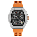 The TSAR BOMBA Atomic TB8214Q interchangebale tonneau quartz watch. stainless-steel-silver-bezel-and-orange-interchangeable strap.  The Multifunction dial design, the multifunction dial features a chronograph minute sub-dial at the 12 o'clock position, a date display between the 4 and 5 o'clock positions, a seconds sub-dial at the 6 o'clock position, and an hour chronograph sub-dial at the 9 o'clock position. --Front-view