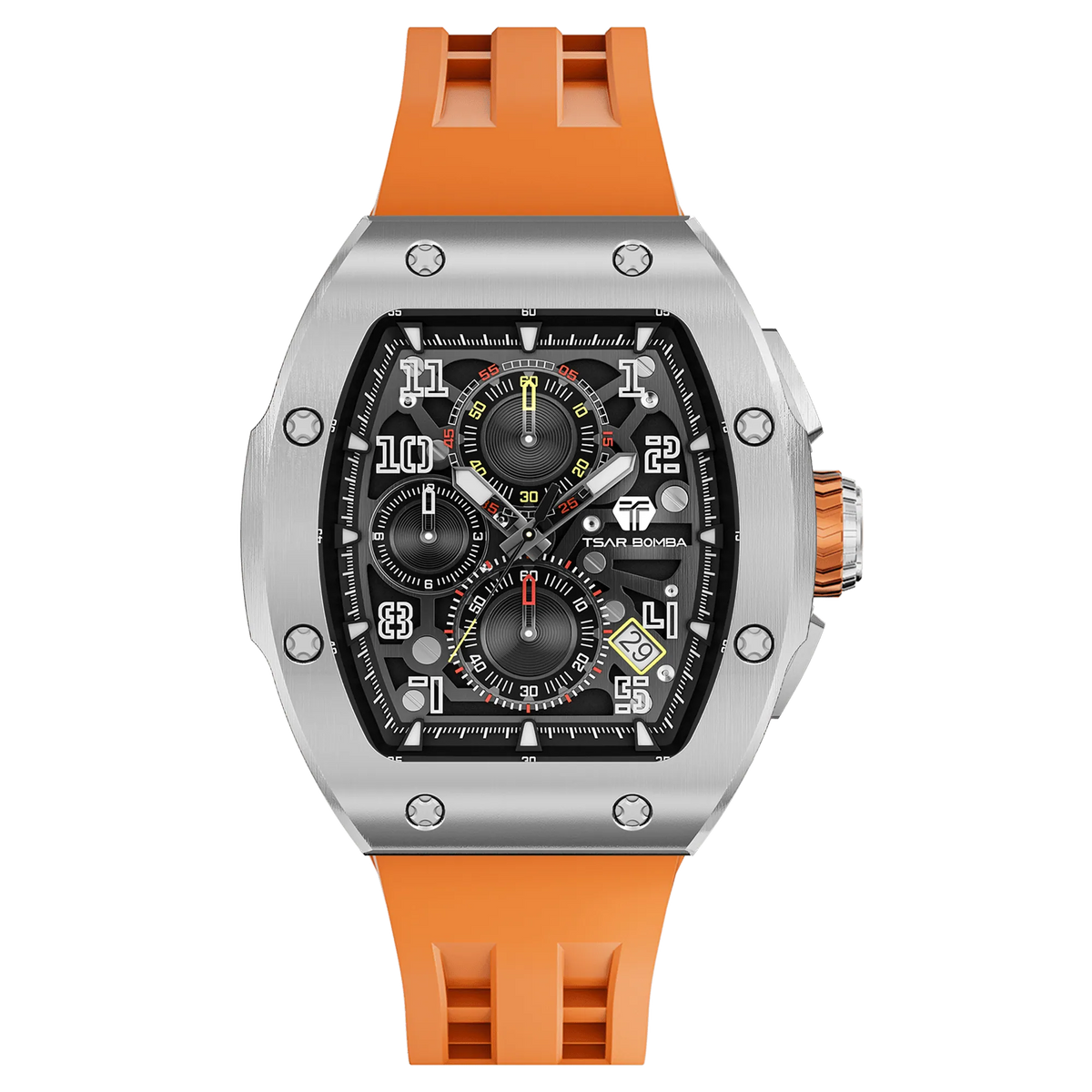 The TSAR BOMBA Atomic TB8214Q interchangebale tonneau quartz watch. stainless-steel-silver-bezel-and-orange-interchangeable strap.  The Multifunction dial design, the multifunction dial features a chronograph minute sub-dial at the 12 o'clock position, a date display between the 4 and 5 o'clock positions, a seconds sub-dial at the 6 o'clock position, and an hour chronograph sub-dial at the 9 o'clock position. --Front-view
