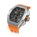 The TSAR BOMBA Atomic TB8214Q interchangebale tonneau quartz watch. stainless-steel-silver-bezel-and-orange-interchangeable strap.  The Multifunction dial design, the multifunction dial features a chronograph minute sub-dial at the 12 o'clock position, a date display between the 4 and 5 o'clock positions, a seconds sub-dial at the 6 o'clock position, and an hour chronograph sub-dial at the 9 o'clock position. --Left three-quarter-angled-view