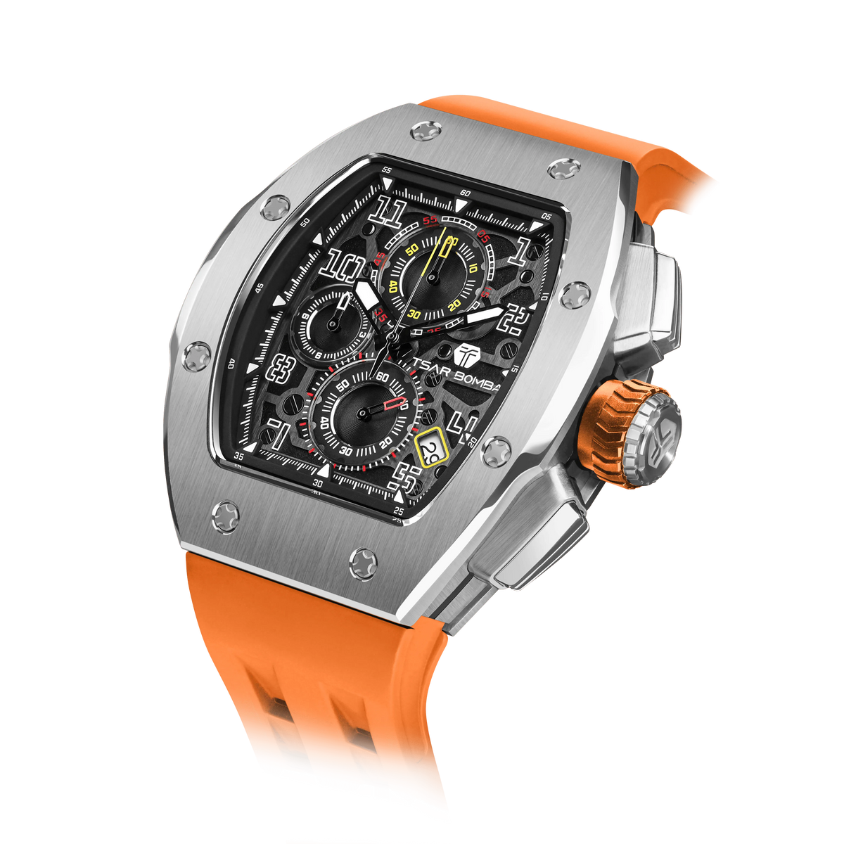 The TSAR BOMBA Atomic TB8214Q interchangebale tonneau quartz watch. stainless-steel-silver-bezel-and-orange-interchangeable strap.  The Multifunction dial design, the multifunction dial features a chronograph minute sub-dial at the 12 o'clock position, a date display between the 4 and 5 o'clock positions, a seconds sub-dial at the 6 o'clock position, and an hour chronograph sub-dial at the 9 o'clock position. --Left three-quarter-angled-view