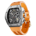The TSAR BOMBA Atomic TB8214Q interchangebale tonneau quartz watch. stainless-steel-silver-bezel-and-orange-interchangeable strap.  The Multifunction dial design, the multifunction dial features a chronograph minute sub-dial at the 12 o'clock position, a date display between the 4 and 5 o'clock positions, a seconds sub-dial at the 6 o'clock position, and an hour chronograph sub-dial at the 9 o'clock position. --Left three-quarter-view