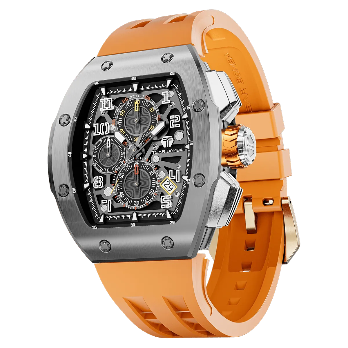 The TSAR BOMBA Atomic TB8214Q interchangebale tonneau quartz watch. stainless-steel-silver-bezel-and-orange-interchangeable strap.  The Multifunction dial design, the multifunction dial features a chronograph minute sub-dial at the 12 o'clock position, a date display between the 4 and 5 o'clock positions, a seconds sub-dial at the 6 o'clock position, and an hour chronograph sub-dial at the 9 o'clock position. --Left three-quarter-view