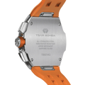 The TSAR BOMBA Atomic TB8214D interchangebale tonneau quartz watch. stainless-steel-silver-bezel-and-orange-interchangeable strap.  The Multifunction dial design, the multifunction dial features a chronograph minute sub-dial at the 12 o'clock position, a date display between the 4 and 5 o'clock positions, a seconds sub-dial at the 6 o'clock position, and an hour chronograph sub-dial at the 9 o'clock position. --Rear-view