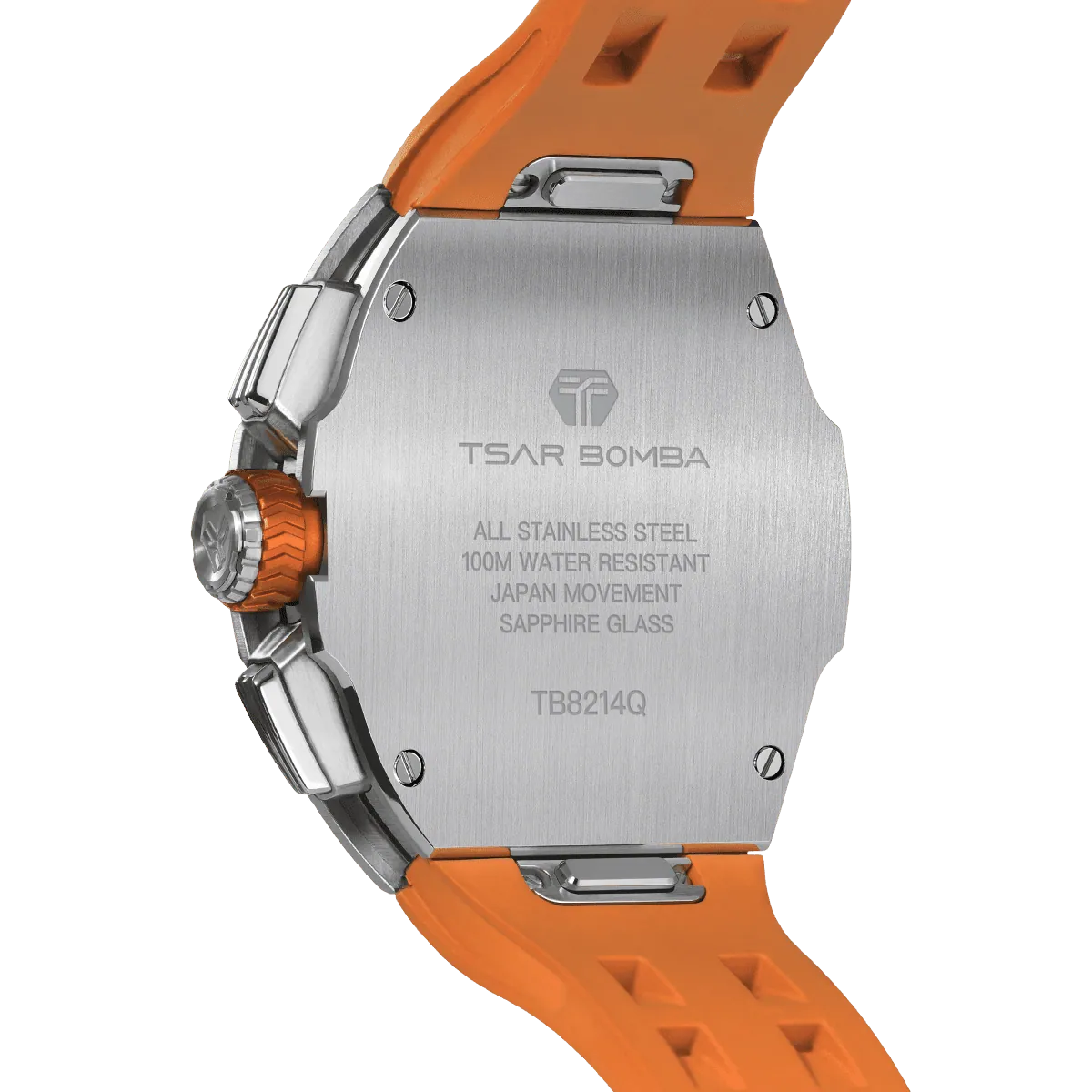 The TSAR BOMBA Atomic TB8214D interchangebale tonneau quartz watch. stainless-steel-silver-bezel-and-orange-interchangeable strap.  The Multifunction dial design, the multifunction dial features a chronograph minute sub-dial at the 12 o'clock position, a date display between the 4 and 5 o'clock positions, a seconds sub-dial at the 6 o'clock position, and an hour chronograph sub-dial at the 9 o'clock position. --Rear-view