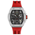 The TSAR BOMBA Atomic TB8214Q interchangebale tonneau quartz watch. stainless-steel-silver-bezel-and-red-interchangeable strap.  The Multifunction dial design, the multifunction dial features a chronograph minute sub-dial at the 12 o'clock position, a date display between the 4 and 5 o'clock positions, a seconds sub-dial at the 6 o'clock position, and an hour chronograph sub-dial at the 9 o'clock position. --Front-view
